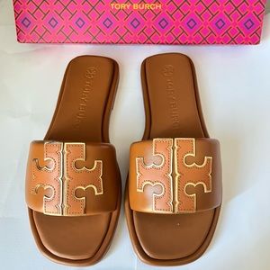NEW Tory Burch Double T Sports Slides in Aged Camello